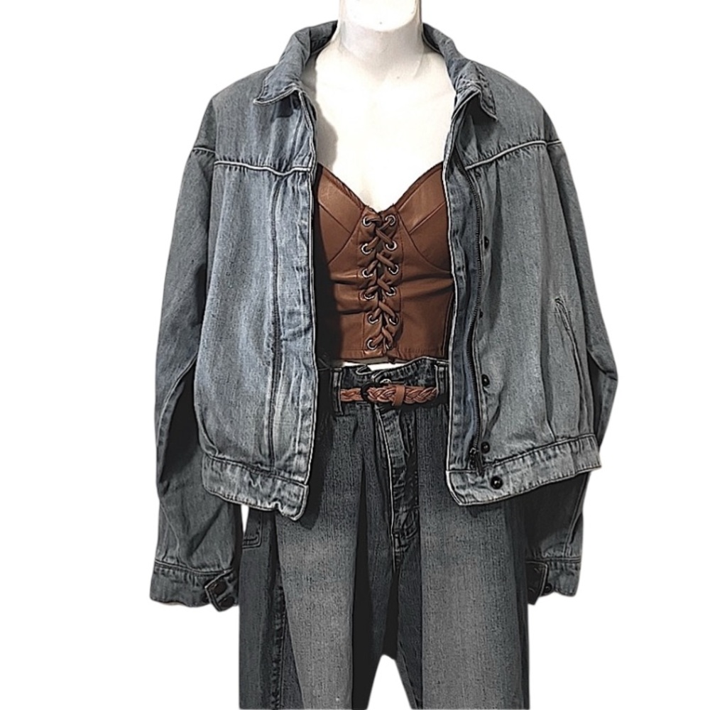 William Rast Distressed Oversized Denim Zipper Snap Bomber Style Cropped Jacket